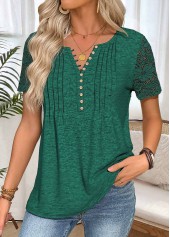 Blackish Green Short Sleeve Split Neck T Shirt