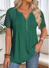 Blackish Green Short Sleeve Split Neck T Shirt