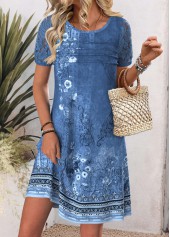 Tribal Print Denim Blue Short Sleeve Round Neck Dress