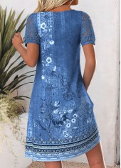 Tribal Print Denim Blue Short Sleeve Round Neck Dress