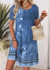Tribal Print Denim Blue Short Sleeve Round Neck Dress