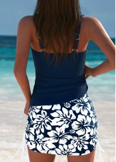 Mid Waisted Tropical Plants Print Navy Tankini Set