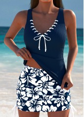 Mid Waisted Tropical Plants Print Navy Tankini Set