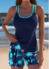 Mid Waisted Tropical Plants Print Navy Tankini Set