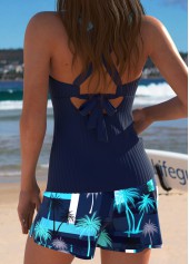 Mid Waisted Tropical Plants Print Navy Tankini Set