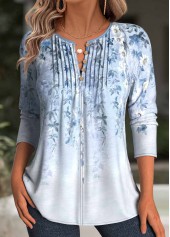 Floral Print Light Blue Long Sleeve T Shirt