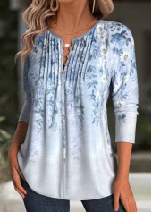 Floral Print Light Blue Long Sleeve T Shirt
