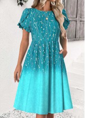 Ombre Cyan Short Sleeve Round Neck Dress