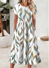 Leaf Print Multi Color Short Sleeve Round Neck Dress