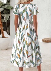 Leaf Print Multi Color Short Sleeve Round Neck Dress