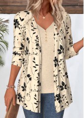 Leaf Print Beige 3/4 Sleeve Light Cardigan