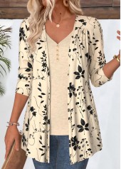 Leaf Print Beige 3/4 Sleeve Light Cardigan