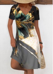 Random Floral Print Multi Color Short Sleeve Dress