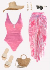 Floral Print Pink One Piece Swimwear and Skirt