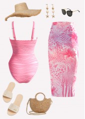 Floral Print Pink One Piece Swimwear and Skirt