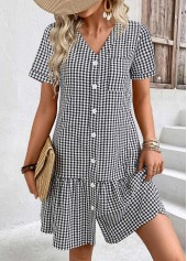 Plaid Black Short Sleeve V Neck Dress