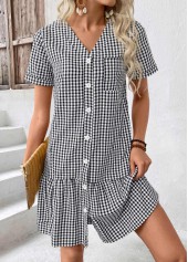 Plaid Black Short Sleeve V Neck Dress