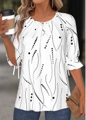 Plus Size White Button Geometric Print T Shirt