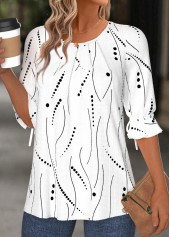 Plus Size White Button Geometric Print T Shirt