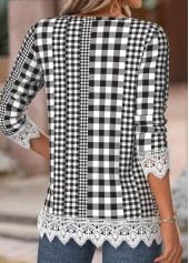 Gingham Print Black Long Sleeve Split Neck T Shirt