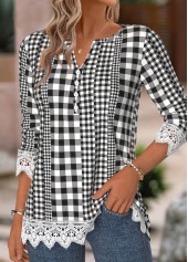 Gingham Print Black Long Sleeve Split Neck T Shirt
