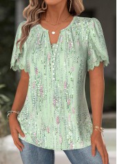 Geometric Print Light Green Short Sleeve Split Neck Blouse