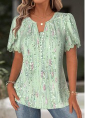 Geometric Print Light Green Short Sleeve Split Neck Blouse