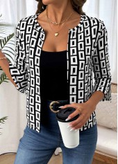 Geometric Print Black 3/4 Sleeve Coat