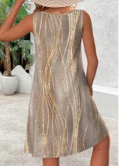 Moire Print Gray Brown Sleeveless Round Neck Dress