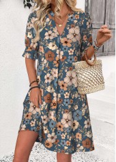 Floral Print Multi Color Half Sleeve Split Neck Dress