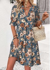 Floral Print Multi Color Half Sleeve Split Neck Dress