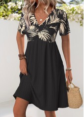Leaf Print Black Short V Neck Dress