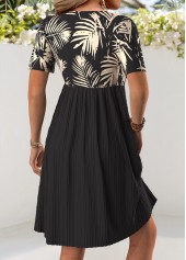 Leaf Print Black Short V Neck Dress