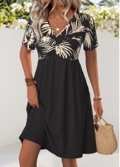 Leaf Print Black Short V Neck Dress