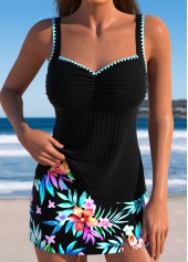 Mid Waisted Floral Print Black Tankini Set