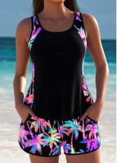 Mid Waisted Tropical Plants Print Black Tankini Set