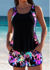 Mid Waisted Tropical Plants Print Black Tankini Set