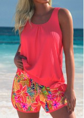 Mid Waisted Tropical Plants Print Hot Pink Tankini Set