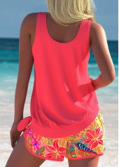 Mid Waisted Tropical Plants Print Hot Pink Tankini Set