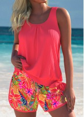 Mid Waisted Tropical Plants Print Hot Pink Tankini Set