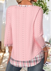 Plaid Light Pink 3/4 Sleeve Split Neck T Shirt