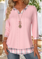 Plaid Light Pink 3/4 Sleeve Split Neck T Shirt