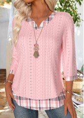 Plaid Light Pink 3/4 Sleeve Split Neck T Shirt