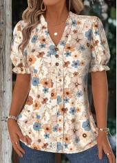 Floral Print Beige Short Sleeve Stand Collar Blouse