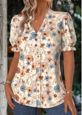 Floral Print Beige Short Sleeve Stand Collar Blouse
