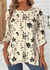 Floral Print Beige Long Sleeve Round Neck Blouse