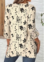 Floral Print Beige Long Sleeve Round Neck Blouse