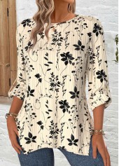 Floral Print Beige Long Sleeve Round Neck Blouse