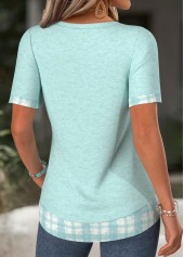 Plaid Cyan Short Sleeve Split Neck T Shirt