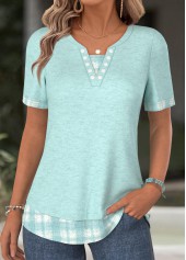 Plaid Cyan Short Sleeve Split Neck T Shirt
